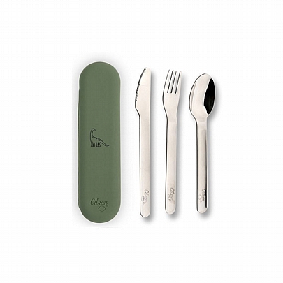 Κουτάλι, Μαχαίρι & Πιρούνι Inox σε Θήκη Σιλικόνης - Dino Green (3τμχ.) - Citron